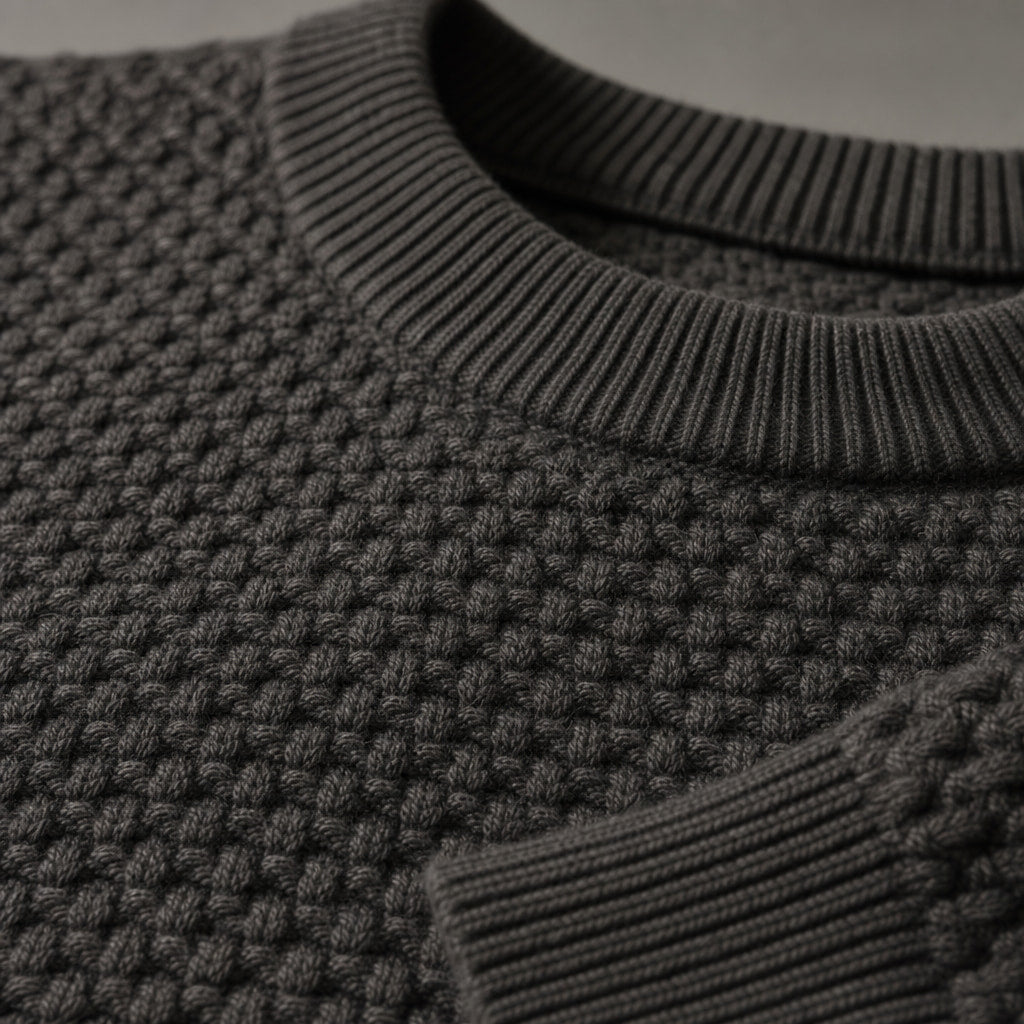 Crew Neck Jumper Honeycomb Knit Dark Gray – Fabric and Detail Close-Up