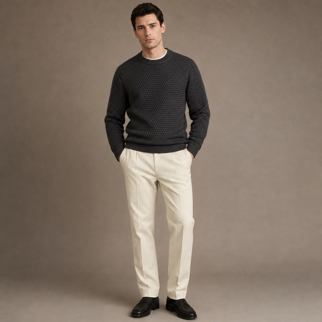 Crew Neck Jumper Honeycomb Knit Dark Gray – Full Look