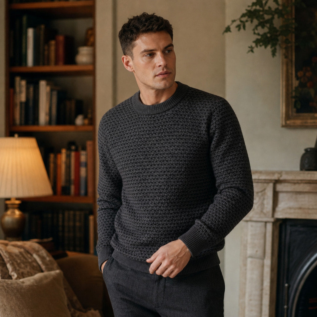 Crew Neck Jumper Honeycomb Knit Dark Gray – Styled Editorial Shot