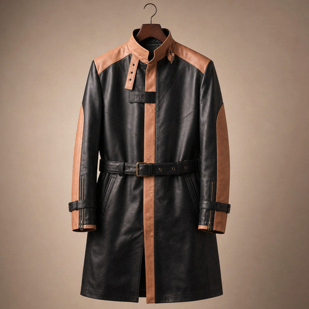 Man wearing a belted black leather trench coat with stand collar raised