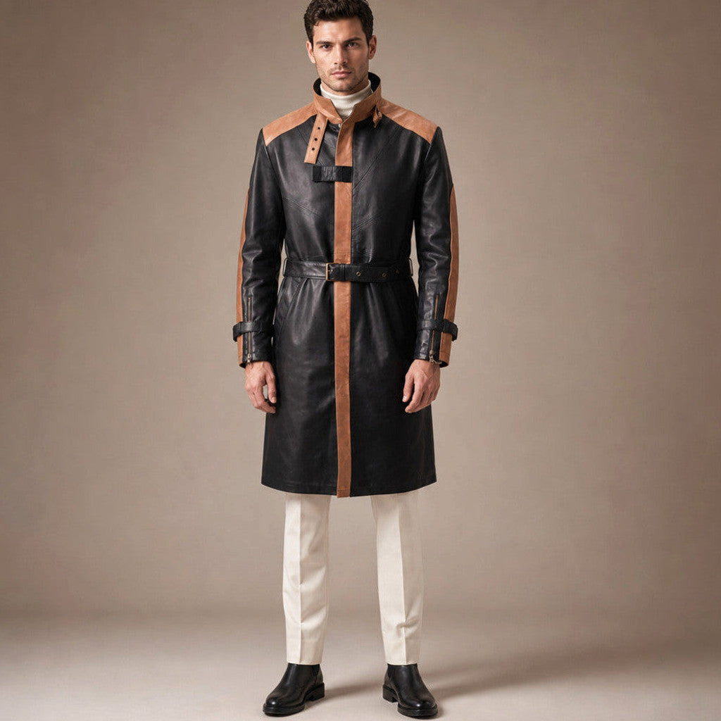 Long black leather trench coat with belted waist and sheepskin lining