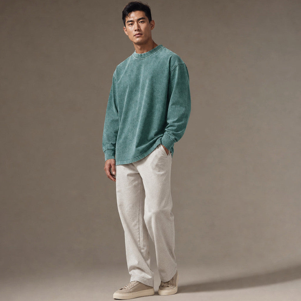 Stinson | Long Sleeve T Shirt Crew Neck Relaxed Fit Green – Side Angle View