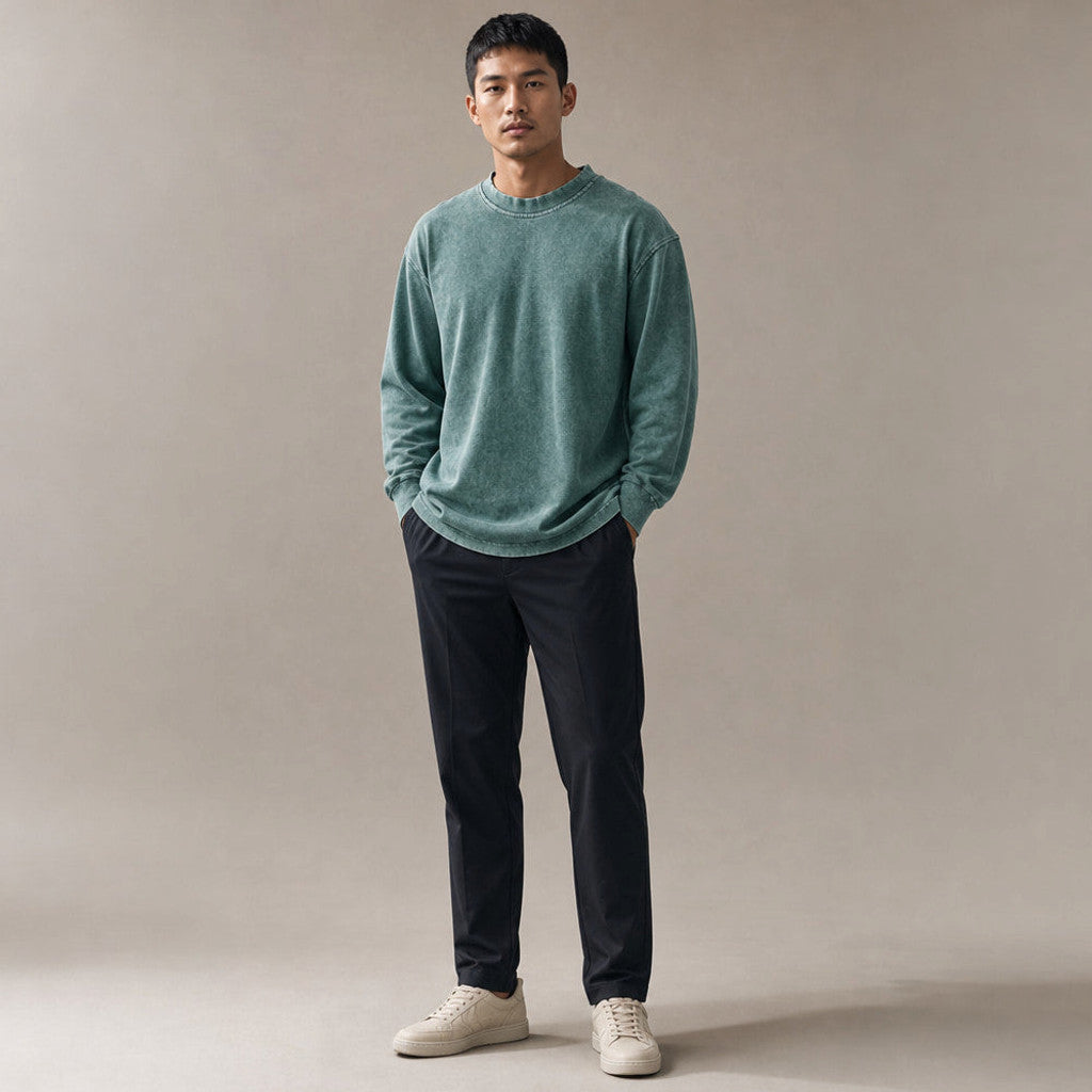 Stinson | Long Sleeve T Shirt Crew Neck Relaxed Fit Green – Full Look