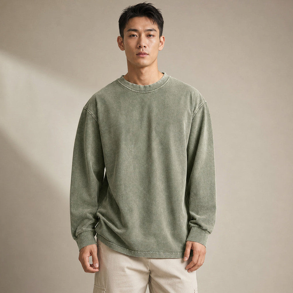 Stinson | Long Sleeve T Shirt Crew Neck Relaxed Fit in Military Green – Premium Editorial