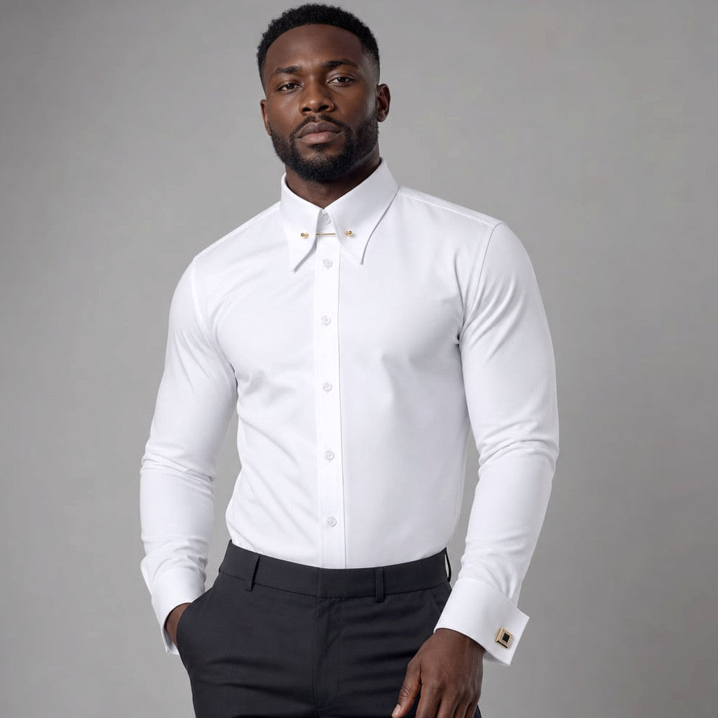Stravan | Dress Shirt French Cuffs Collar Bar Detail White – Side Angle View