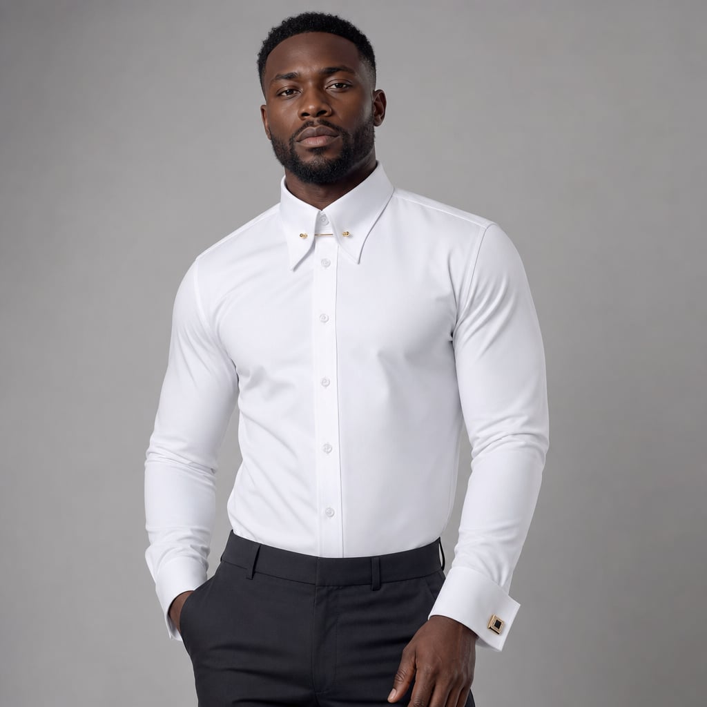 Stravan | Dress Shirt French Cuffs Collar Bar Detail White – Side Angle View