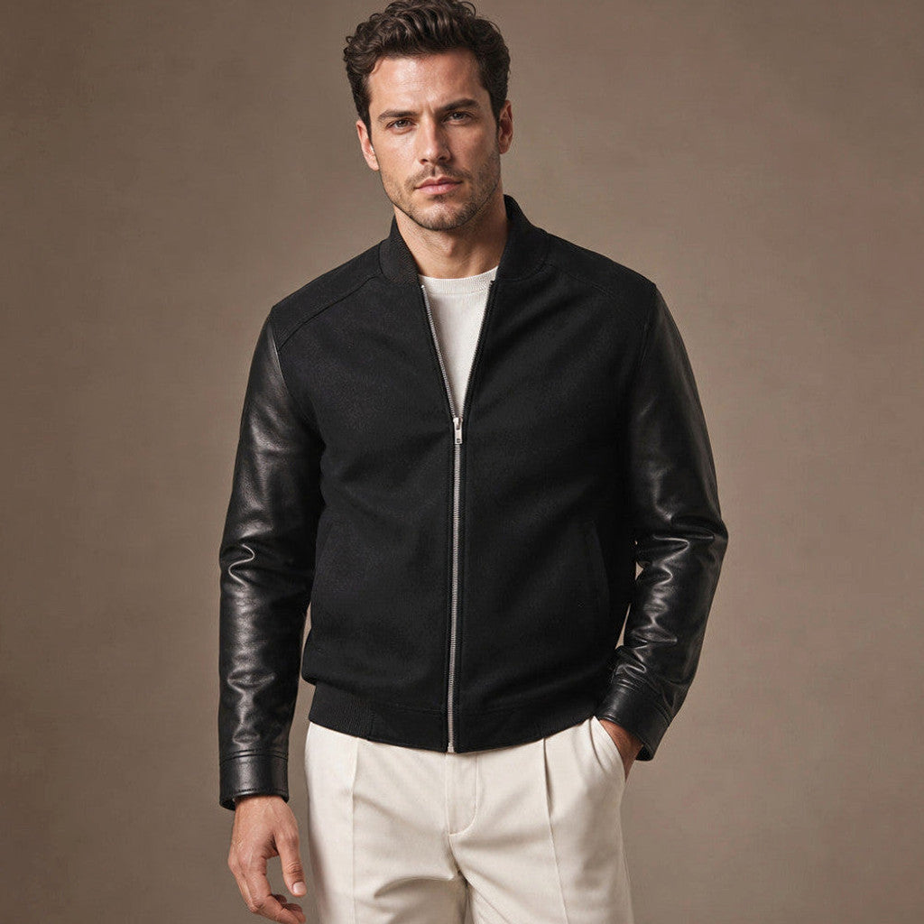 Black bomber jacket with wool-feel body and leather sleeves, front view