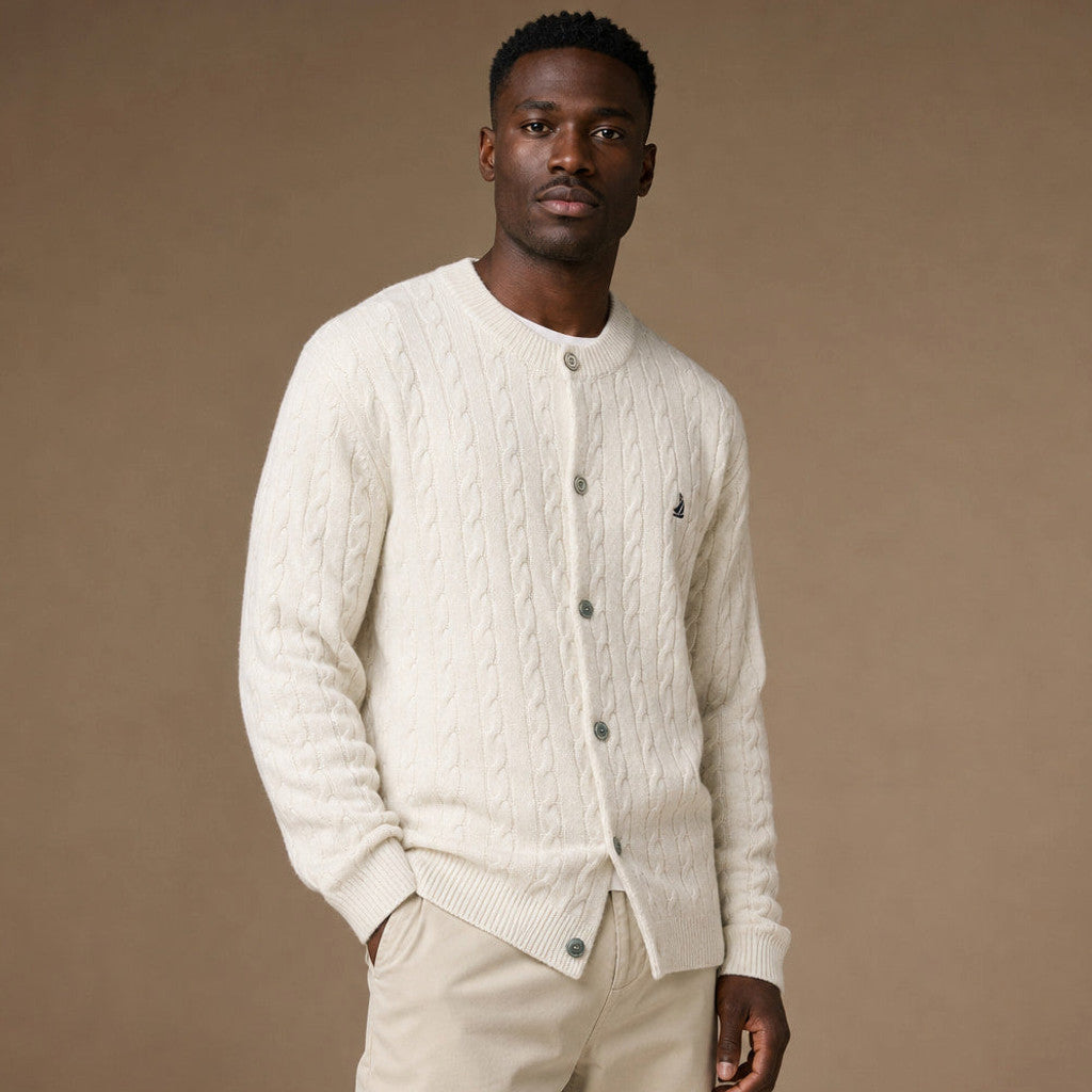 Tarlano | Cable Knit Cardigan Button Front Ivory – Side Angle View