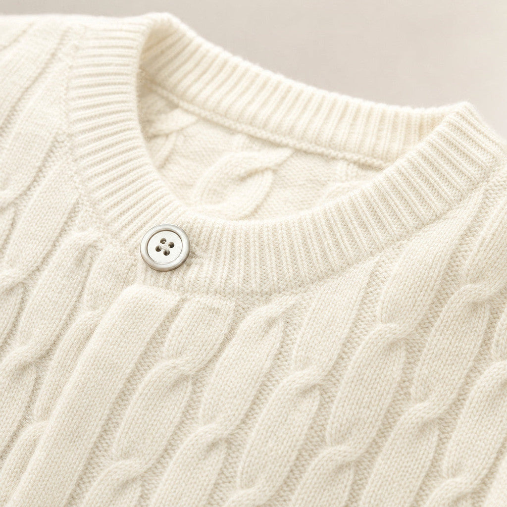 Tarlano | Cable Knit Cardigan Button Front Ivory – Fabric and Detail Close-Up