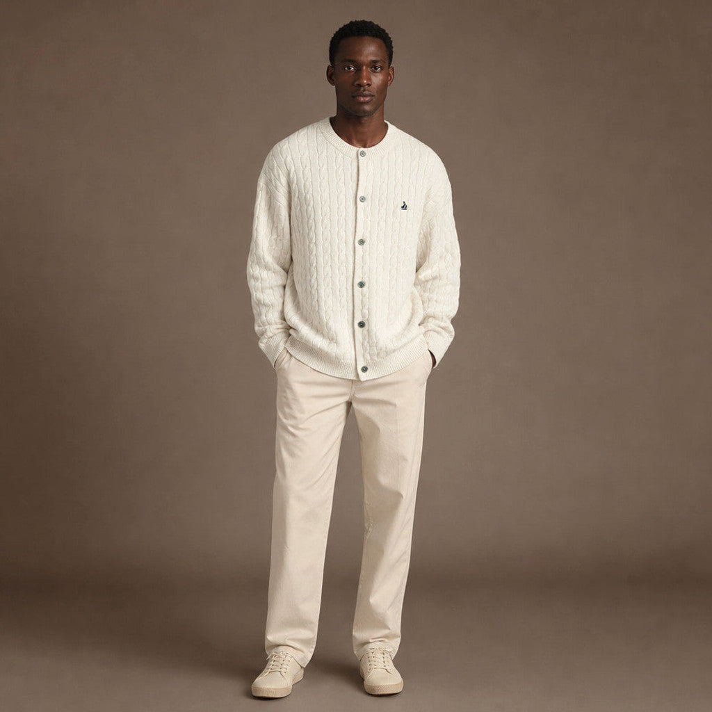 Tarlano | Cable Knit Cardigan Button Front Ivory – Full Look