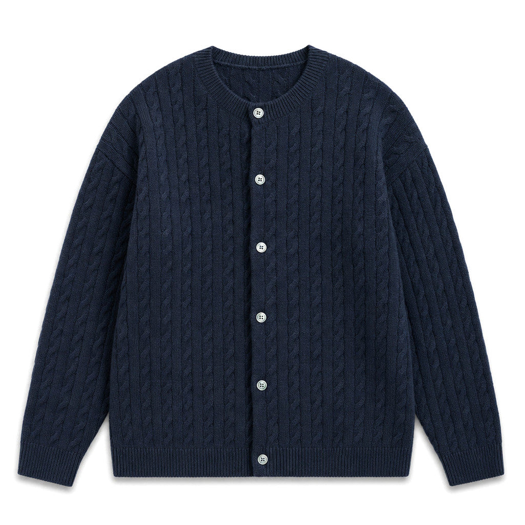 Tarlano | Cable Knit Cardigan Button Front Midnight Navy – Product Photo