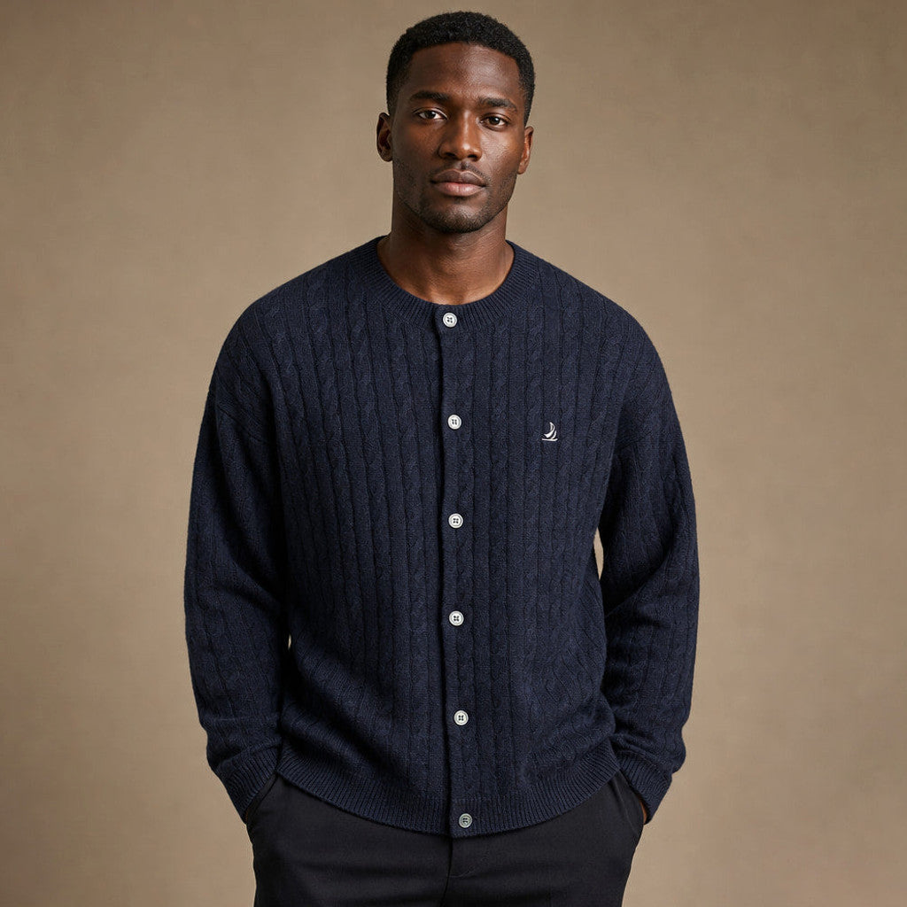 Tarlano | Cable Knit Cardigan Button Front in Midnight Navy – Premium Editorial