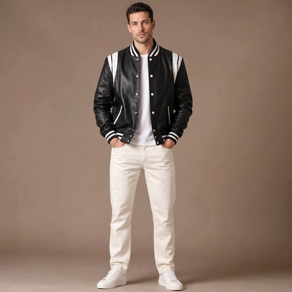 Thaddeus | Varsity Jacket Sheepskin Black – Product Photo