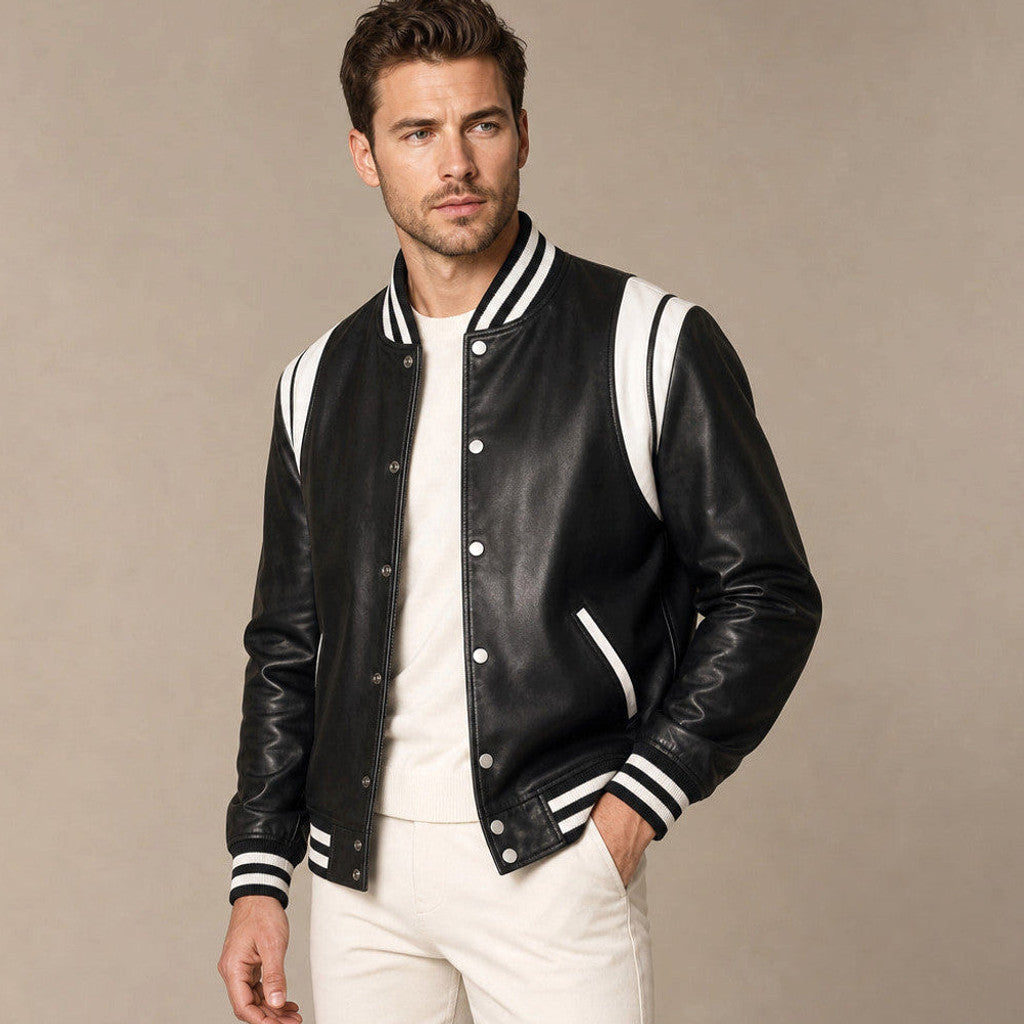 Thaddeus | Varsity Jacket Sheepskin Black – Product Photo
