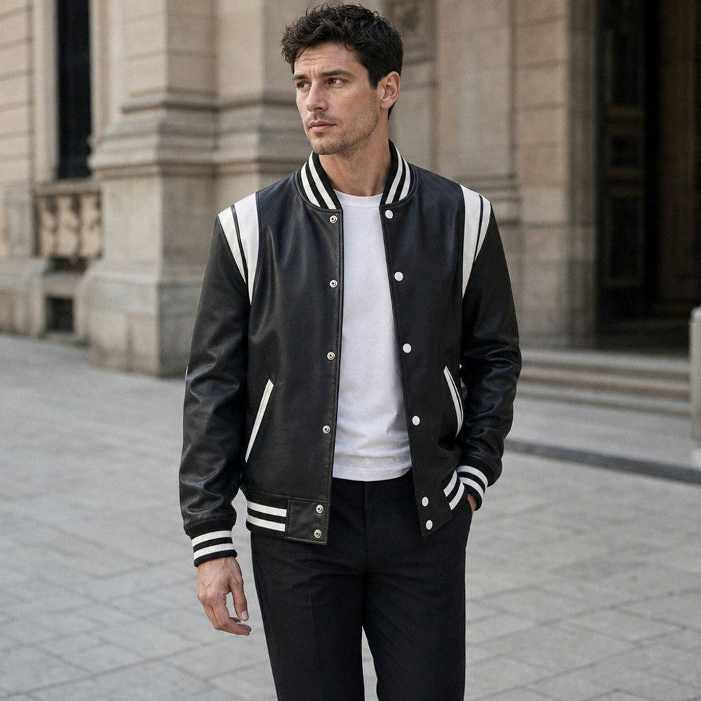 Thaddeus | Varsity Jacket Sheepskin Black – Product Photo