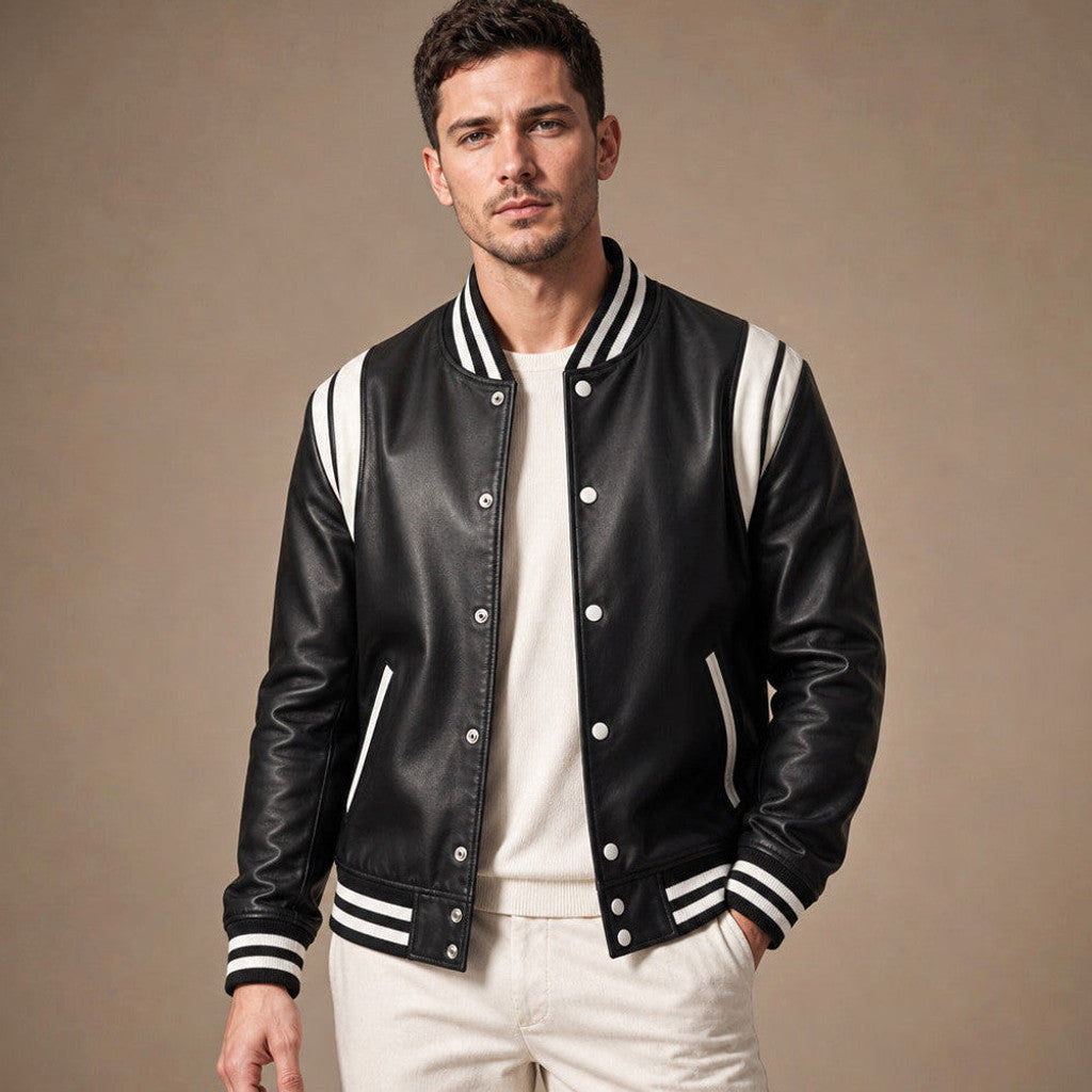 Black sheepskin varsity jacket with rib-knit collar and snap front