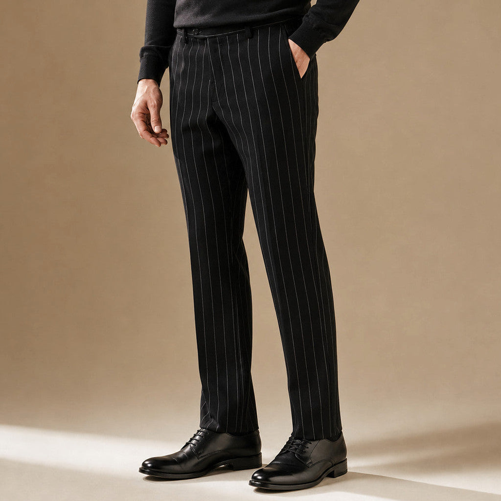 Thornbeck | Dress Pants Pinstripe Straight Fit Black – Side Angle View
