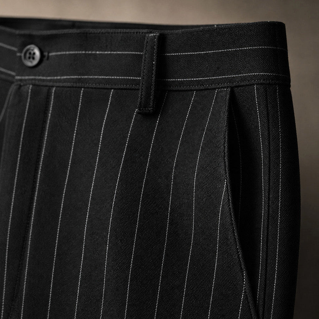 Thornbeck | Dress Pants Pinstripe Straight Fit Black – Fabric and Detail Close-Up