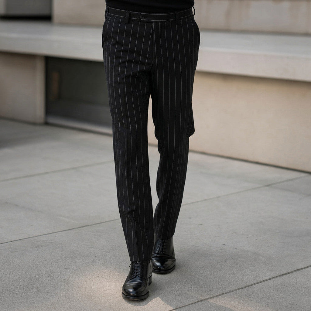 Thornbeck | Dress Pants Pinstripe Straight Fit Black – Styled Editorial Shot