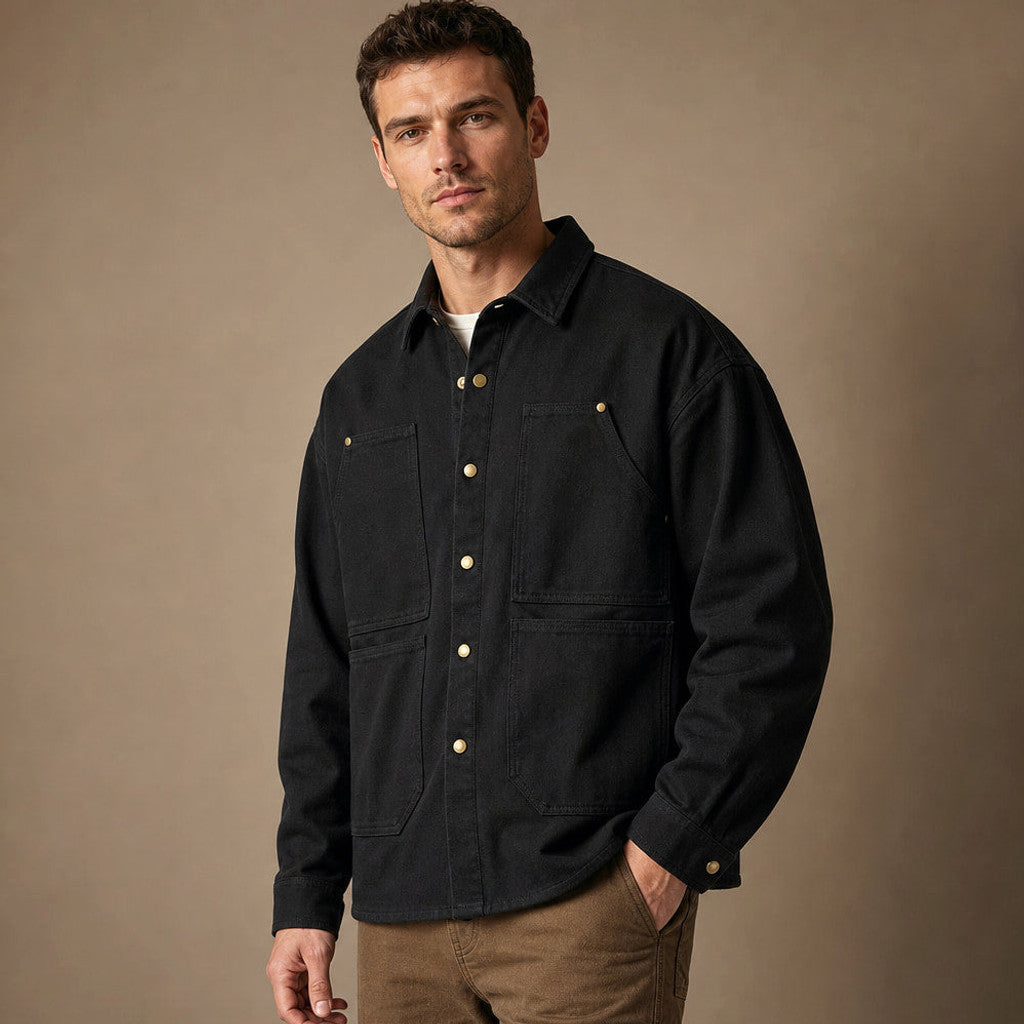 Thornbury | Utility Shirt Heavyweight Canvas Snap Front Black – Side Angle View