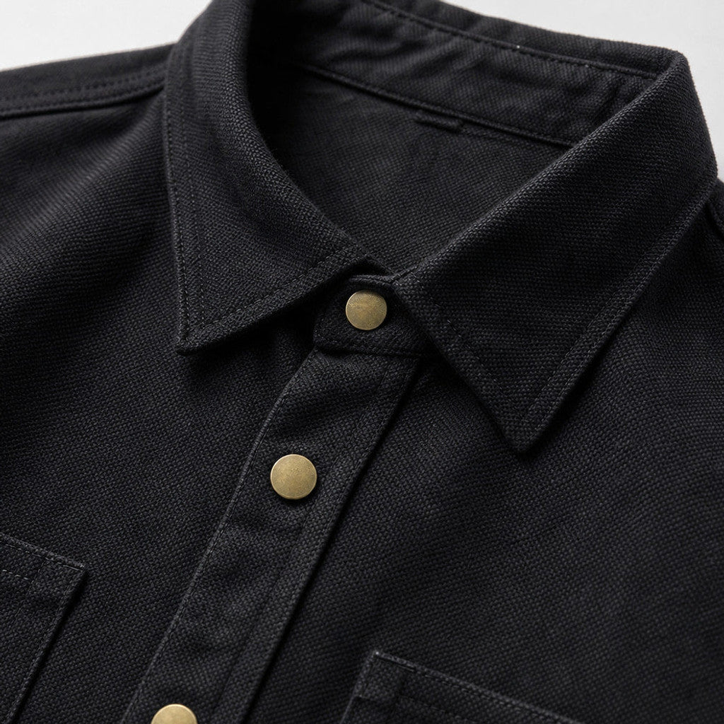 Thornbury | Utility Shirt Heavyweight Canvas Snap Front Black – Fabric and Detail Close-Up