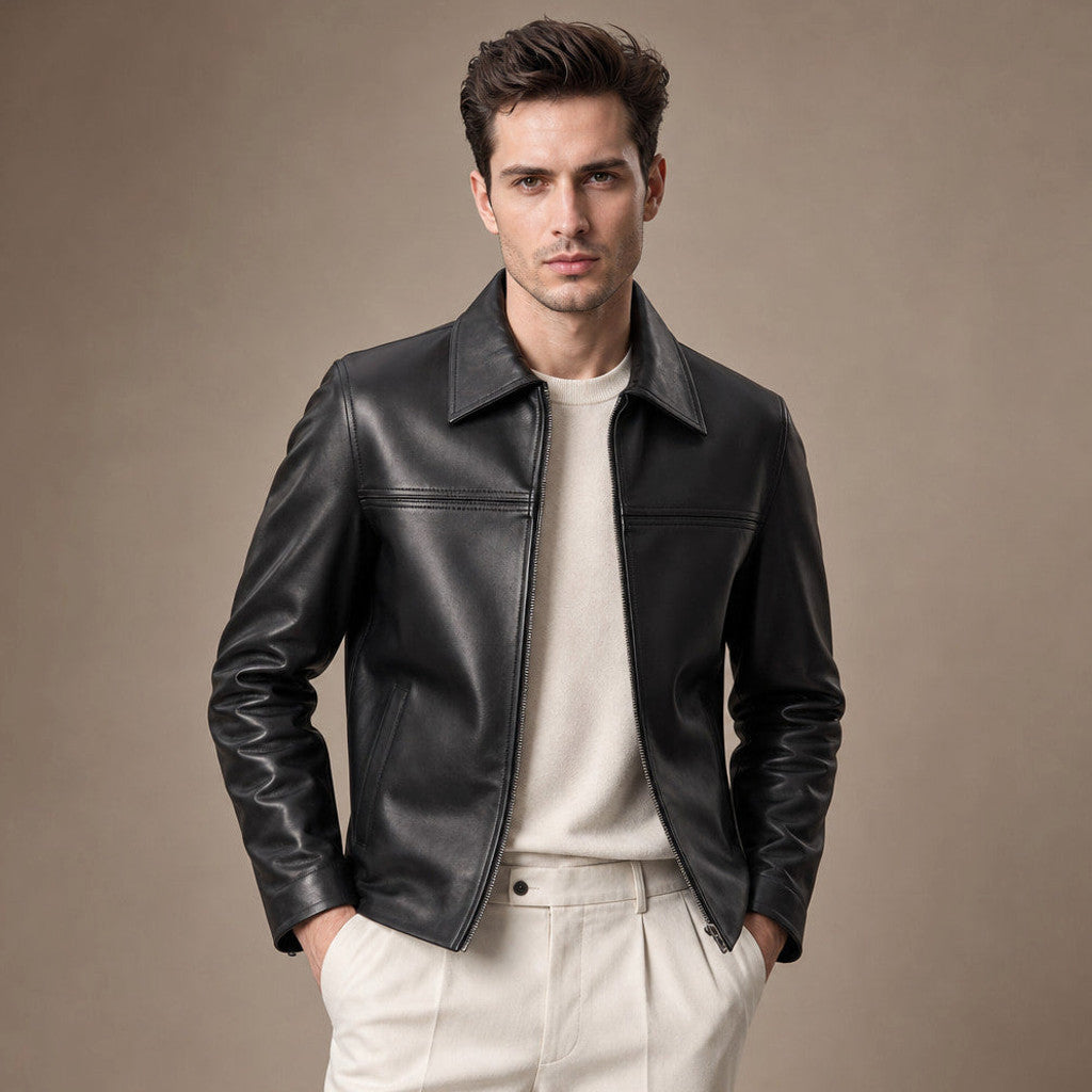 Thorne | Leather Biker Jacket Sheepskin Black – Product Photo
