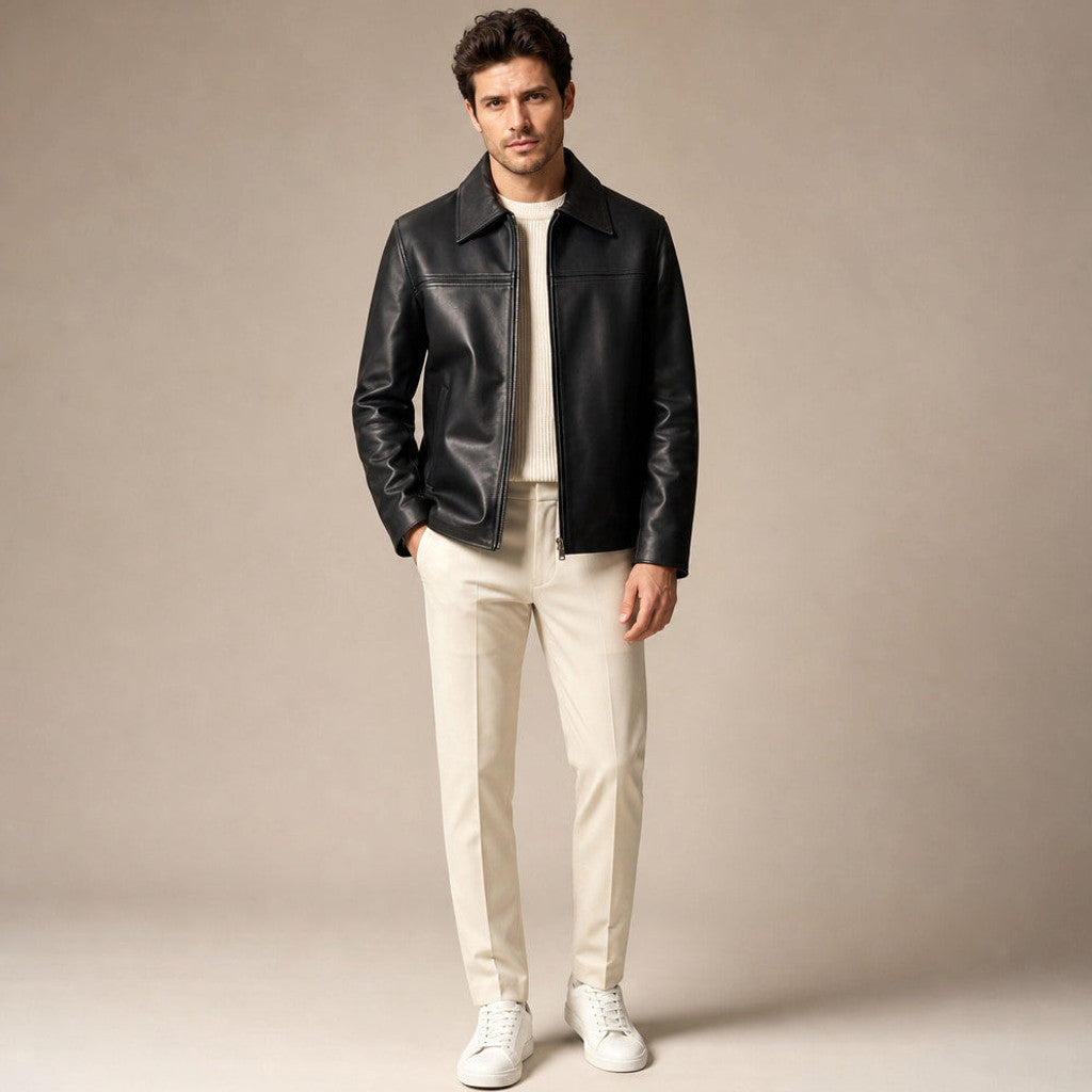 Thorne | Leather Biker Jacket Sheepskin Black – Product Photo