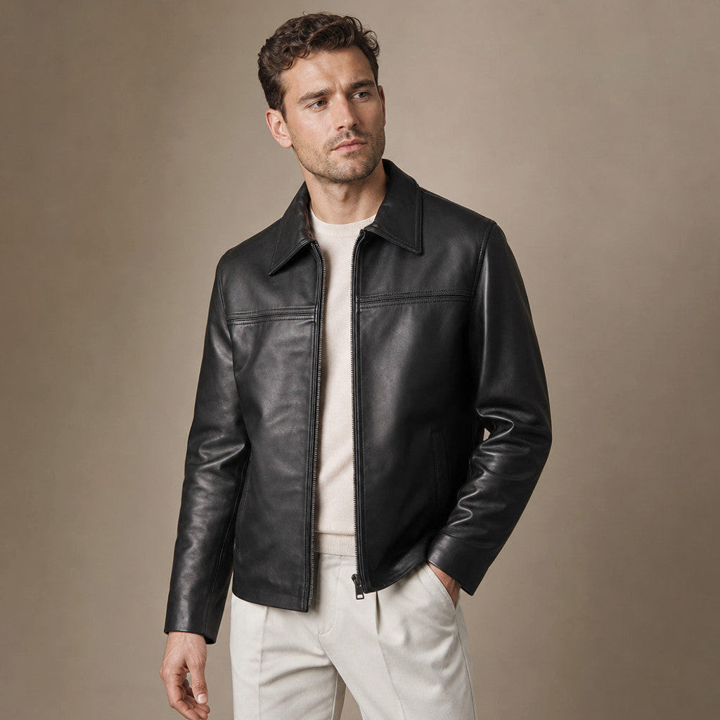 Thorne | Leather Biker Jacket Sheepskin Black – Product Photo