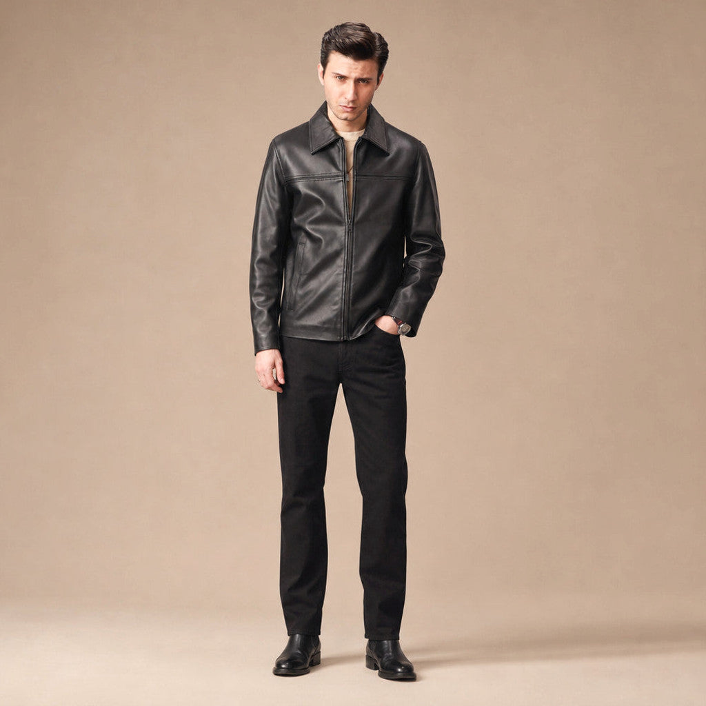 Thorne | Leather Biker Jacket Sheepskin Black Black – Full Look