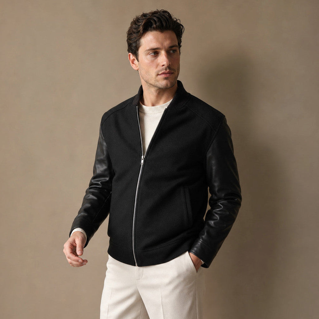 Thornley | Bomber Jacket Wool Body Leather Sleeves Black Black – Side Angle View