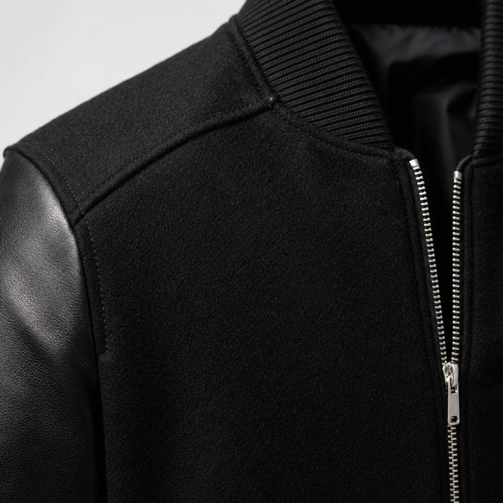 Thornley | Bomber Jacket Wool Body Leather Sleeves Black Black – Fabric and Detail Close-Up