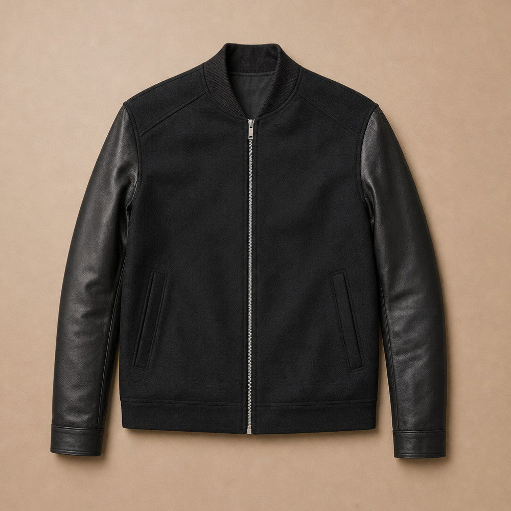 Thornley | Bomber Jacket Wool Body Leather Sleeves Black Black – Flat Lay Product Photo
