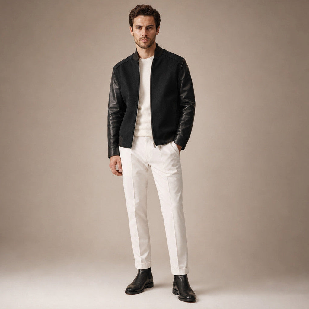 Thornley | Bomber Jacket Wool Body Leather Sleeves Black Black – Full Look
