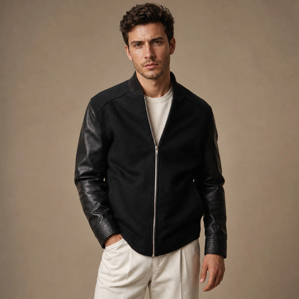 Thornley | Bomber Jacket Wool Body Leather Sleeves Black Black – Product Photo