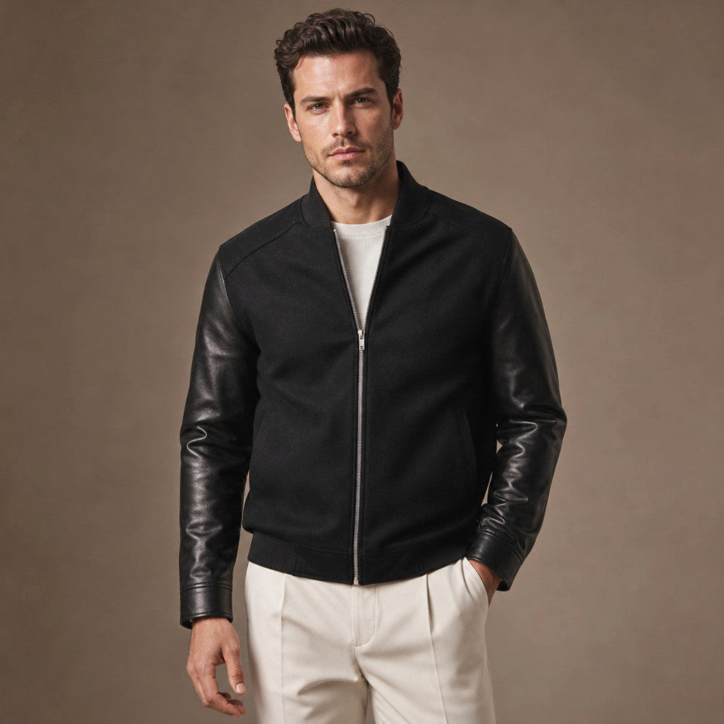 Thornley | Bomber Jacket Wool Body Leather Sleeves Black in Black – Premium Editorial