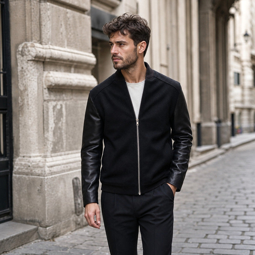 Thornley | Bomber Jacket Wool Body Leather Sleeves Black Black – Styled Editorial Shot