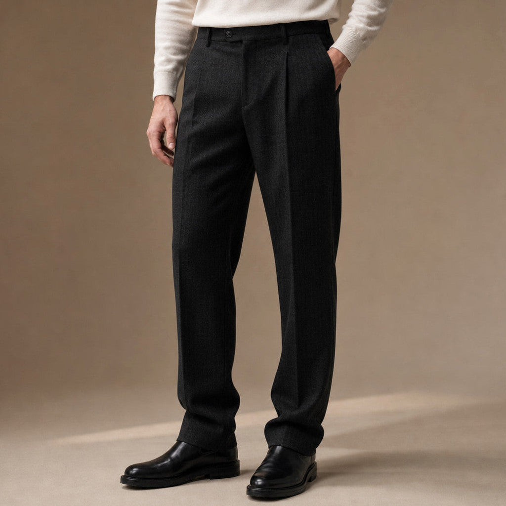 Thornwood | Dress Trouser Herringbone Pleated Front Black – Product Photo