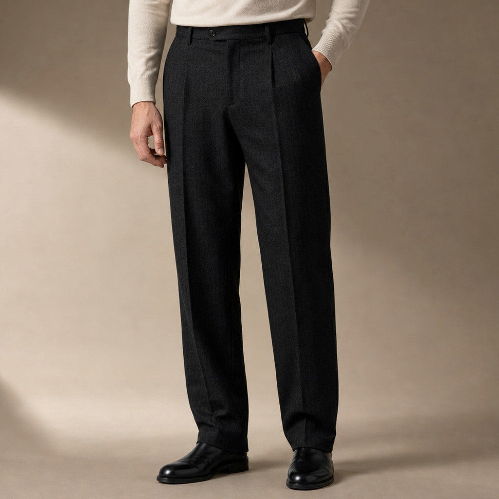 Thornwood | Dress Trouser Herringbone Pleated Front in Black – Premium Editorial