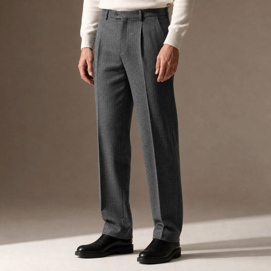 Thornwood | Dress Trouser Herringbone Pleated Front Dark Grey – Side Angle View