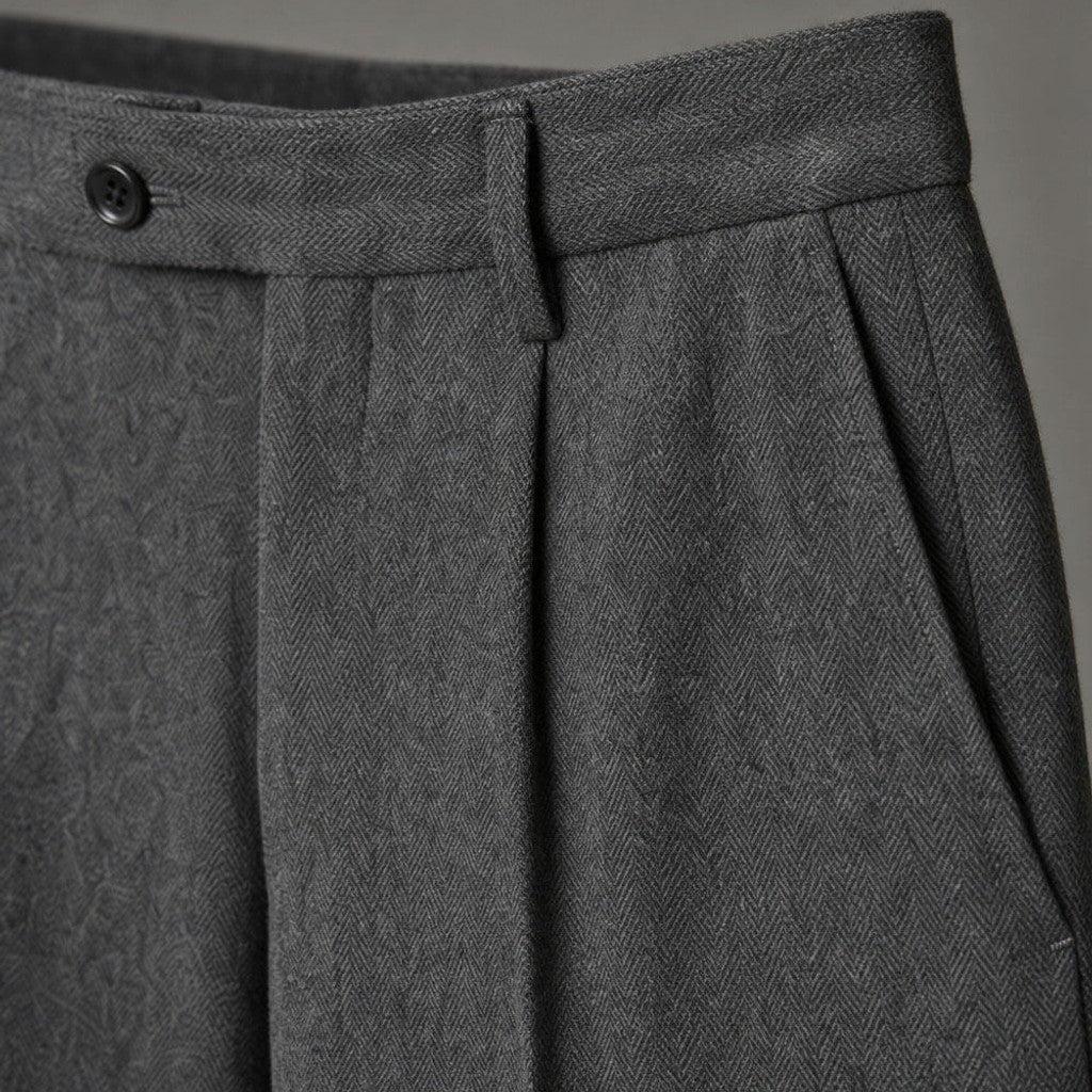 Thornwood | Dress Trouser Herringbone Pleated Front Dark Grey – Fabric and Detail Close-Up