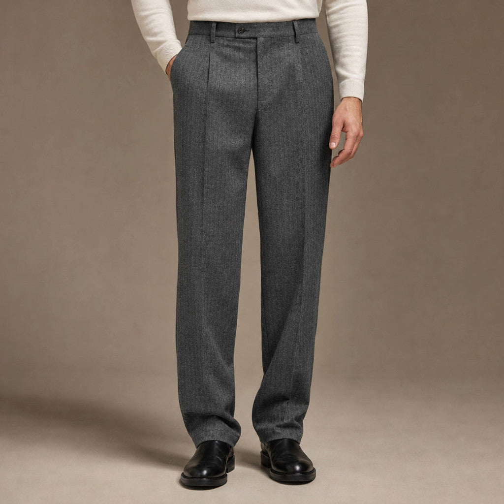 Thornwood | Dress Trouser Herringbone Pleated Front Dark Grey – Product Photo