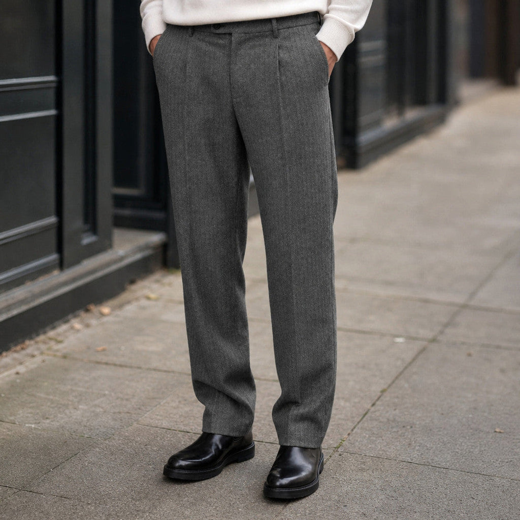 Thornwood | Dress Trouser Herringbone Pleated Front Dark Grey – Styled Editorial Shot