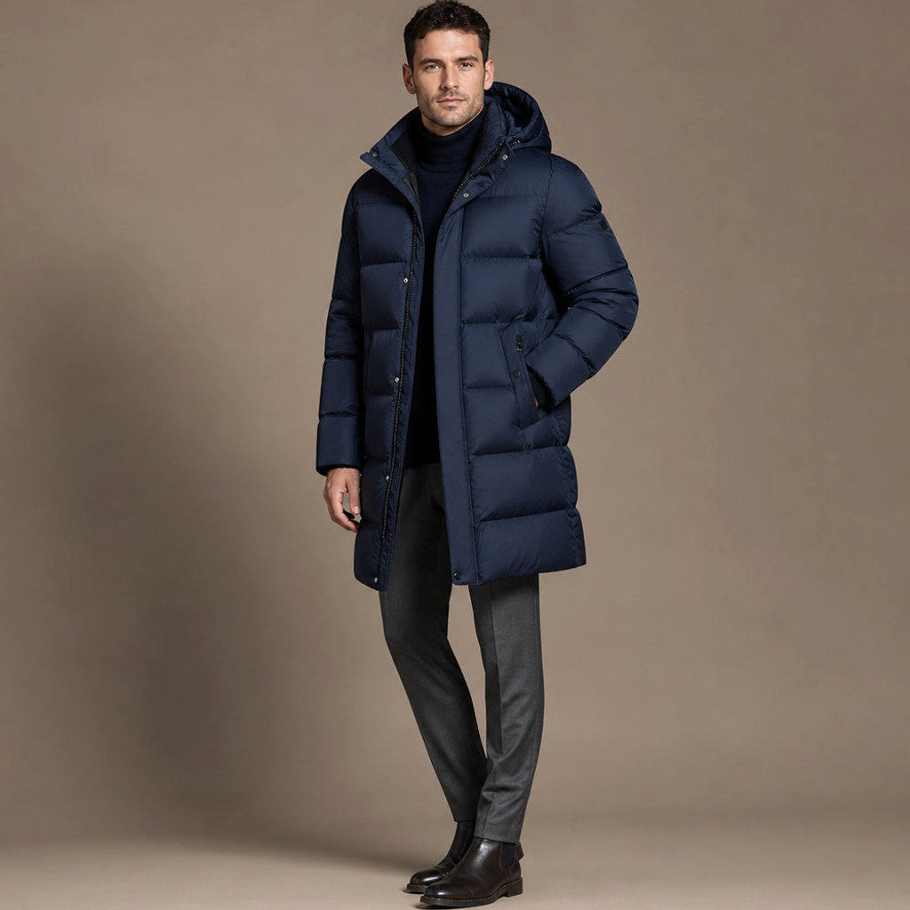 Timothy | Packable Down Coat Hooded Parka Dark Blue – Side Angle View