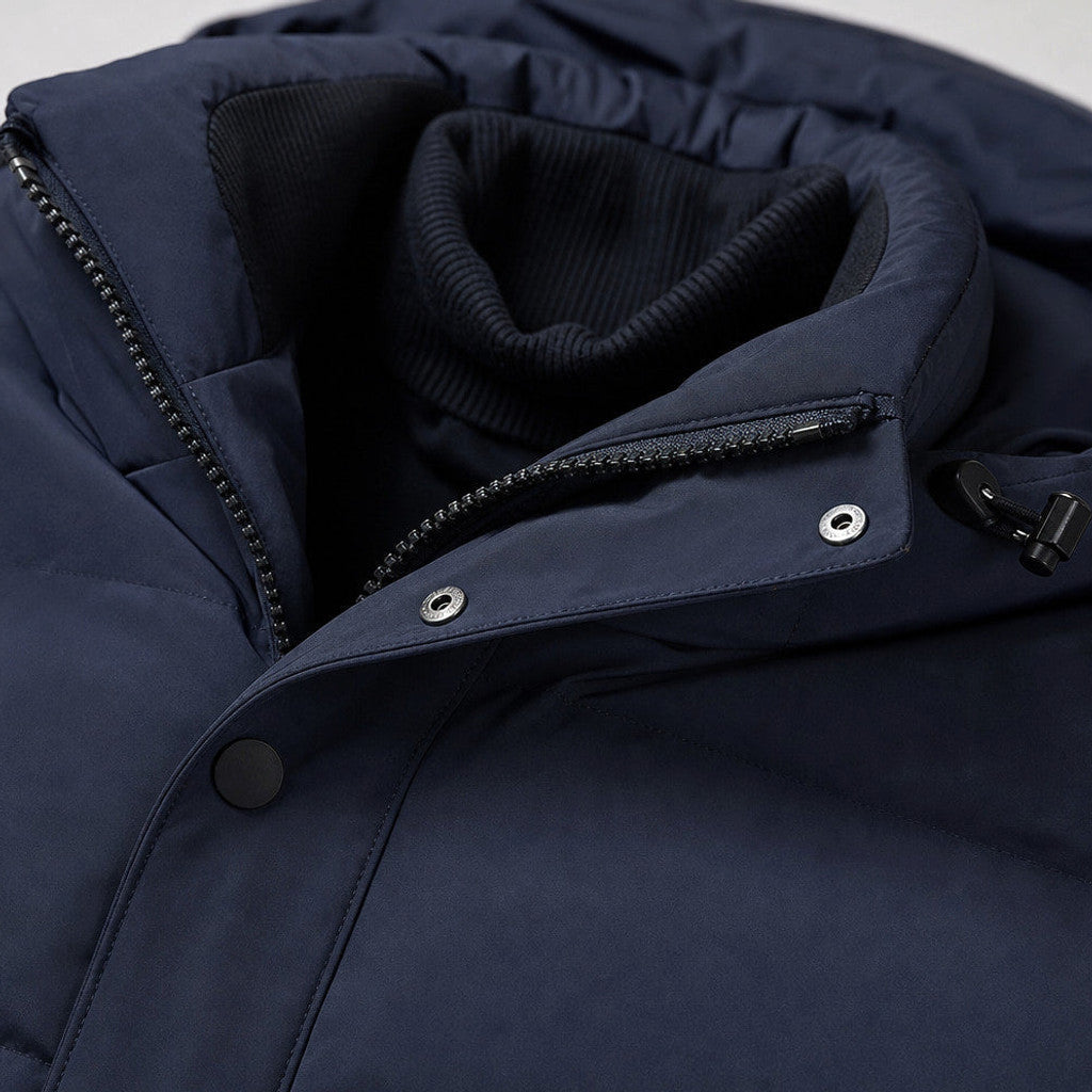 Timothy | Packable Down Coat Hooded Parka Dark Blue – Fabric and Detail Close-Up