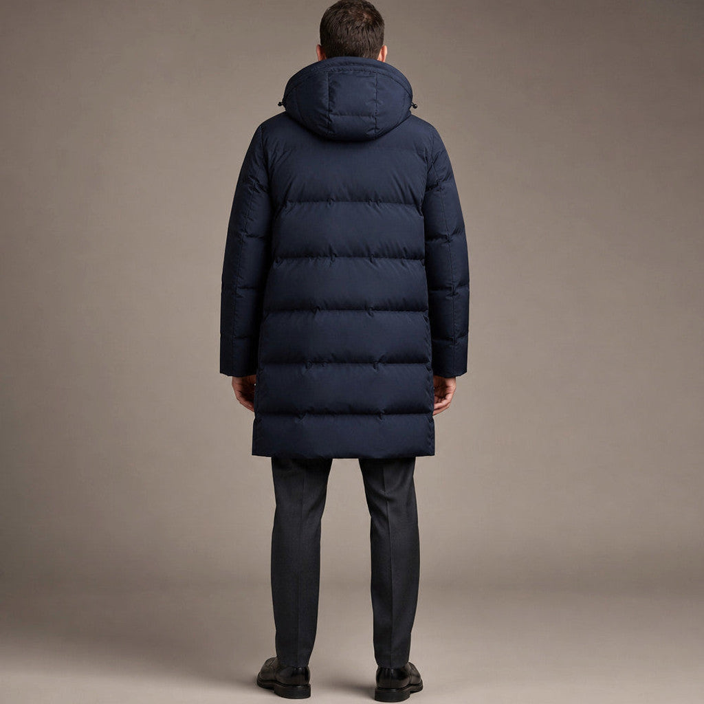 Timothy | Packable Down Coat Hooded Parka Dark Blue – Full Look