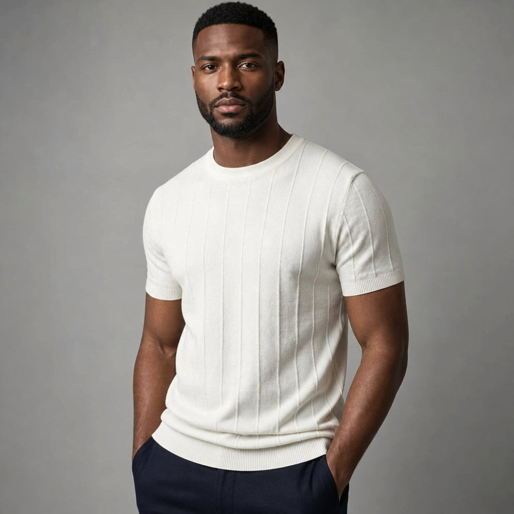 Torven | Fit Shirt Ribbed Crew Neck Tee Vertical Knit Slim Cut Cream – Side Angle View