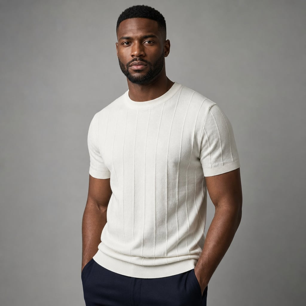 Torven | Fit Shirt Ribbed Crew Neck Tee Vertical Knit Slim Cut Cream – Side Angle View