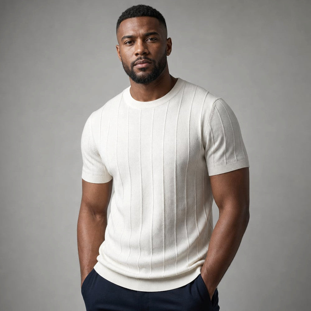 Torven | Fit Shirt Ribbed Crew Neck Tee Vertical Knit Slim Cut Cream – Side Angle View