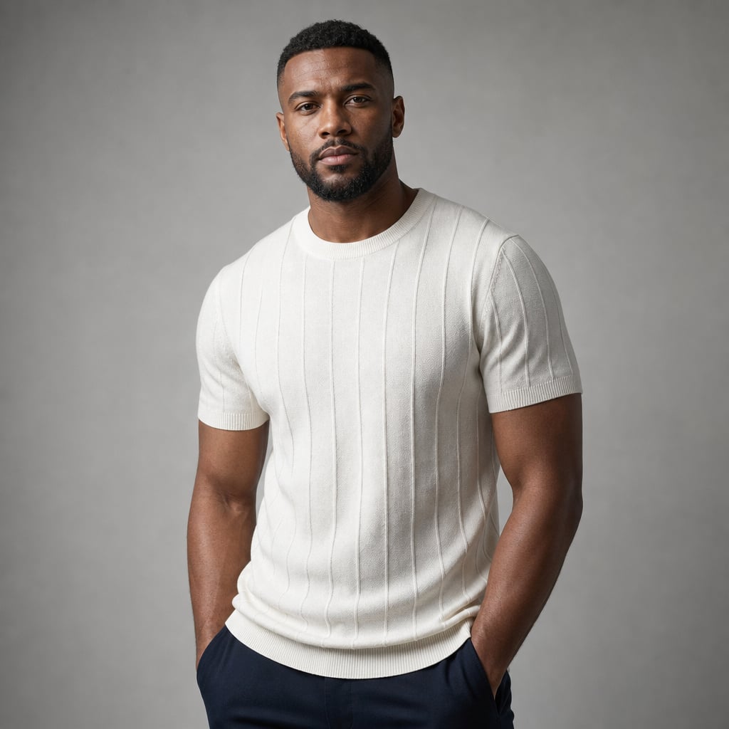 Torven | Fit Shirt Ribbed Crew Neck Tee Vertical Knit Slim Cut Cream – Side Angle View