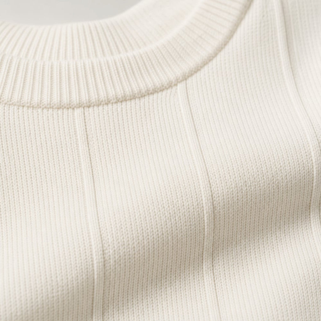 Torven | Fit Shirt Ribbed Crew Neck Tee Vertical Knit Slim Cut Cream – Fabric and Detail Close-Up